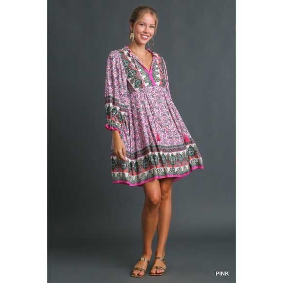 Umgee Boho Floral Mini Dress Pink Hippy Retro Stevie Nicks Vibes S M L - Picture 3 of 9